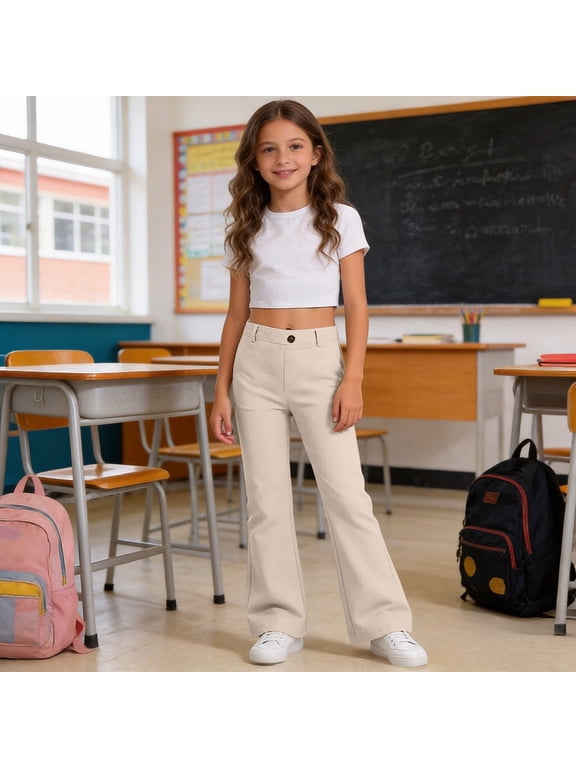 School Flare Pants for Girls Flare High Elastic Bell Bottom Waist Dress Trousers Beige 7-8 Years