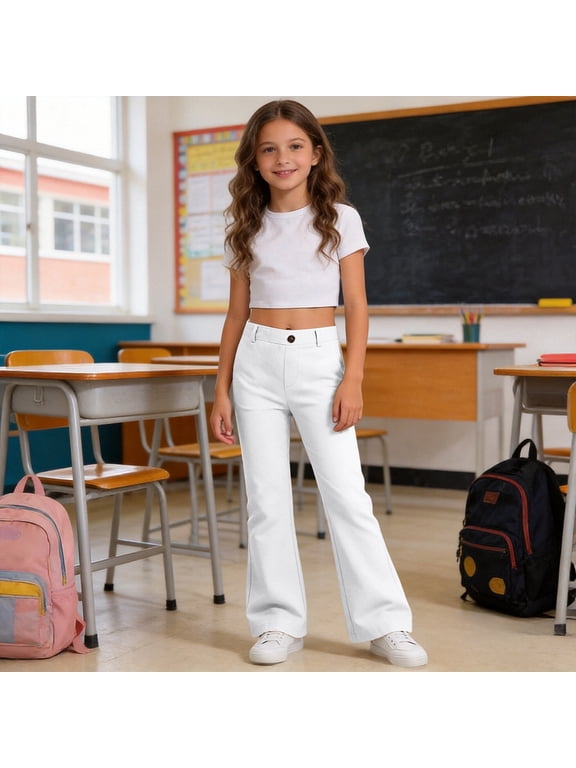 School Flare Pants for Girls Flare High Elastic Bell Bottom Waist Dress Trousers White 15-16 Years