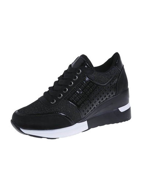 Shoes Women Clearance Lace-Up Platform Wedge Heel Sequined Single Shoes Sneakers Black