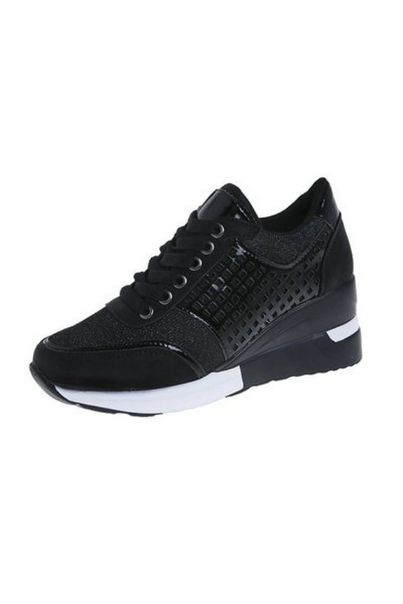 Shoes Women Clearance Lace-Up Platform Wedge Heel Sequined Single Shoes Sneakers Black