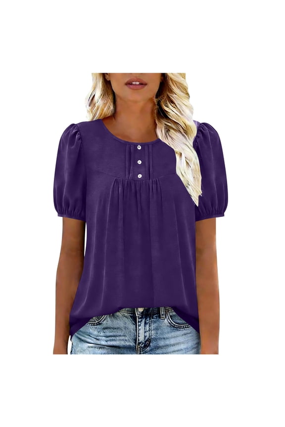 Short Sleeve Shirts for Women Pleated Crewneck Blouses Dressy Casual Elegant Tops Loose peasant Summer T-Shirts Purple-A L(L)