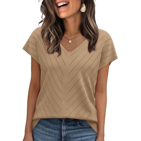 Puntoco Short Sleeve Sweater for Women V Neck Trendy Summer Tops Beach Vacation Clothes Travel Business Casual Outfits