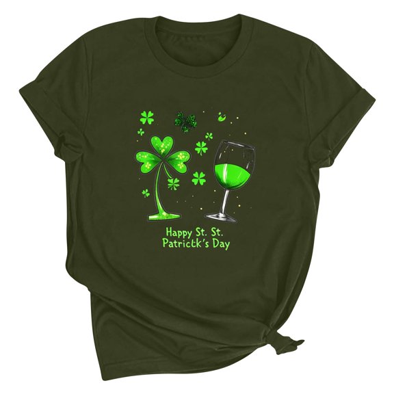 Puntoco Short Sleeve Women Tops ,St Patricks Day Women Short Sleeve Summer T-Shirts Lucky Shamrock Funny Clover Graphic Tee Tops Army Green 6(M)