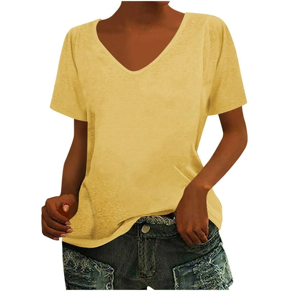 Puntoco Short Sleeve Women Tops ,Summer Women'S Scoop Neck Short Sleeve Shirts Ribbed Slim Fitted Casual Basic Top Blouses Yellow XL(XL)