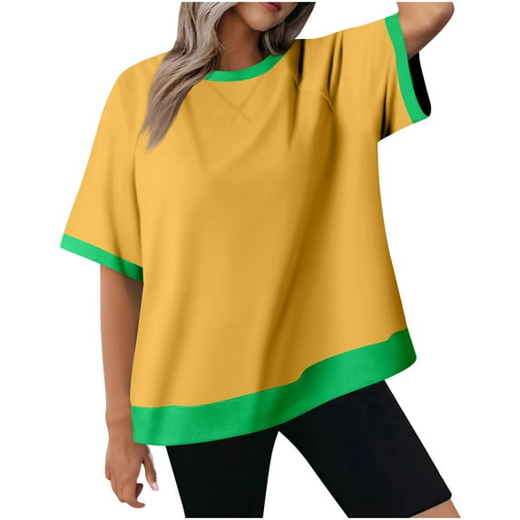Puntoco Short Sleeve Women Tops ,Women'S Color Block Short Sleeve T Shirts Casual Crew Neck Tops Basic Summer Loose Fit Tees Yellow XL(XL)