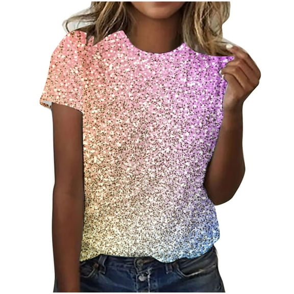 Puntoco Short Sleeve Women Tops ,Women'S Sequin Tops Sparkly Shirt Glitter Short Sleeve Tee Round Neck Velvet Tunic Party Disco Clubwear Blouse Multicolor 10(XL)