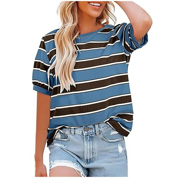 Puntoco Short Sleeve Women Tops Clearance 2025,Women'S Short Sleeve T Shirt Striped Print Round Neck Casual Soft Knit Tee Top Navy XL(XL)