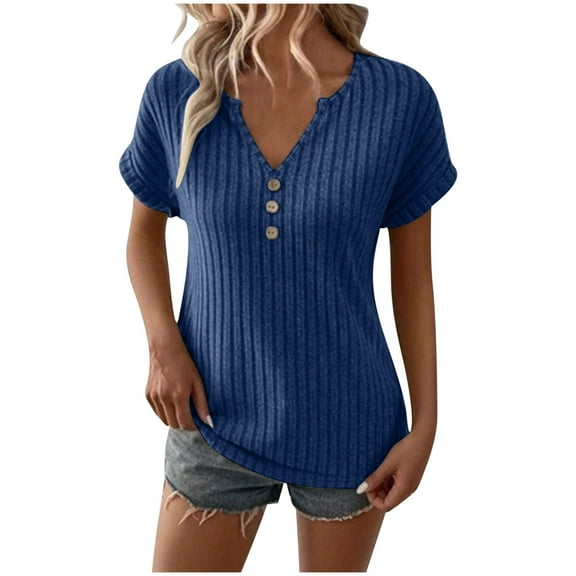 Puntoco Short Sleeve Women Tops ,Women'S Zipper Summer Pleated Button Short Sleeve T-Shirt Summer V-Neck Solid Color Casual Top Blue M(M)