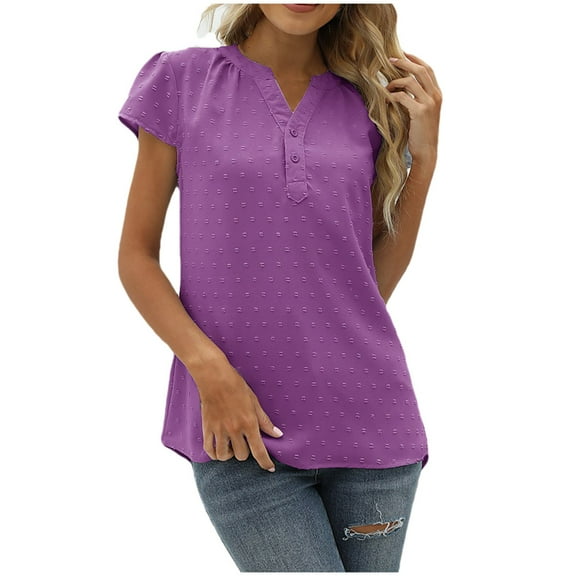 Puntoco Short Sleeve Women Tops ,Womens Dressy Chiffon Blouses Summer Puff Petal Short Sleeve Shirts V Neck Casual Work Tops Purple S(S)