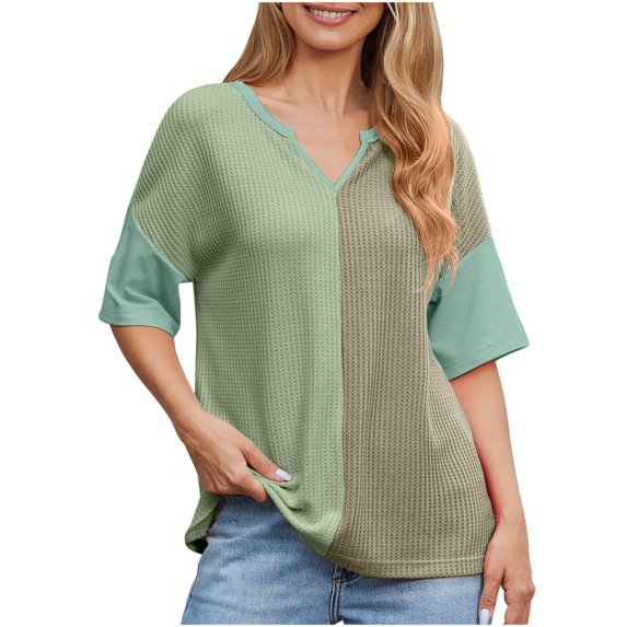 Puntoco Short Sleeve Women Tops ,Womens Fashion Color Block Shirts Short Sleeve Crewneck Knitted Spring Summer Tops Casual Trendy Green L(L)