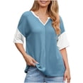 thumbnail image 1 of Puntoco Short Sleeve Women Tops ,Womens Fashion Color Block Shirts Short Sleeve Crewneck Knitted Spring Summer Tops Casual Trendy Light Blue XL(XL), 1 of 9