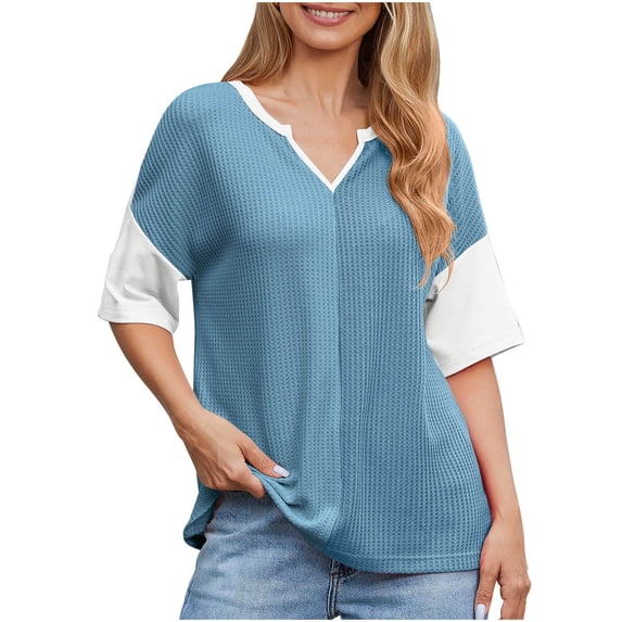 Puntoco Short Sleeve Women Tops ,Womens Fashion Color Block Shirts Short Sleeve Crewneck Knitted Spring Summer Tops Casual Trendy Light Blue XL(XL)
