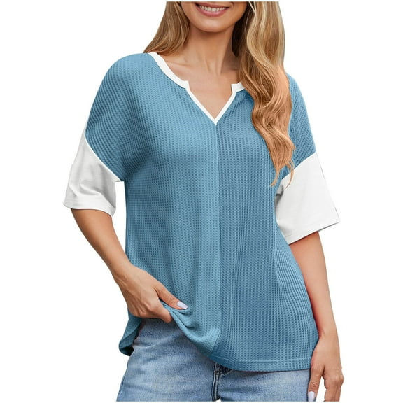 Puntoco Short Sleeve Women Tops ,Womens Fashion Color Block Shirts Short Sleeve Crewneck Knitted Spring Summer Tops Casual Trendy Light Blue XL(XL)