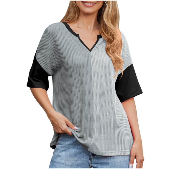 Puntoco Short Sleeve Women Tops ,Womens Fashion Color Block Shirts Short Sleeve Crewneck Knitted Spring Summer Tops Casual Trendy Gray L(L)