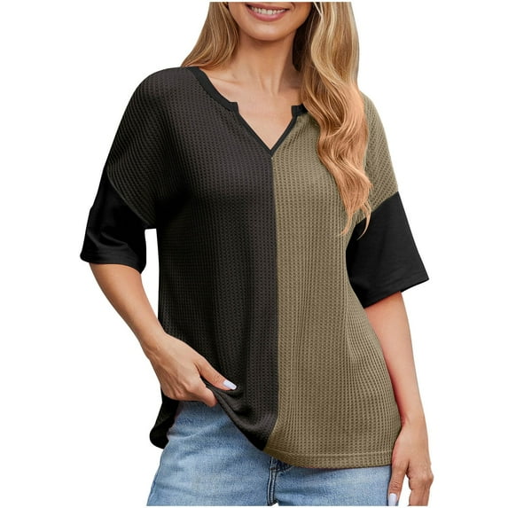 Puntoco Short Sleeve Women Tops ,Womens Fashion Color Block Shirts Short Sleeve Crewneck Knitted Spring Summer Tops Casual Trendy Black L(L)