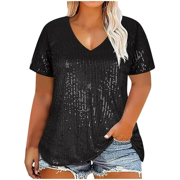 Puntoco Short Sleeve Women Tops ,Womens Full Sequin Sparkle Tops Shimmer Glitter Round Neck Short Sleeve Shirt Summer Disco Party Tee Shirts Tunic Blouse Black 12(XXL)