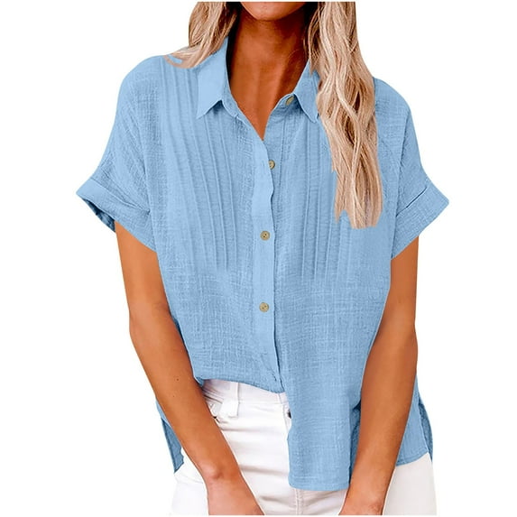 Puntoco Short Sleeve Women Tops ,Womens Short Sleeve Shirts V Neck Collared Button Down Shirt Tops with Pockets Blue XL(XL)