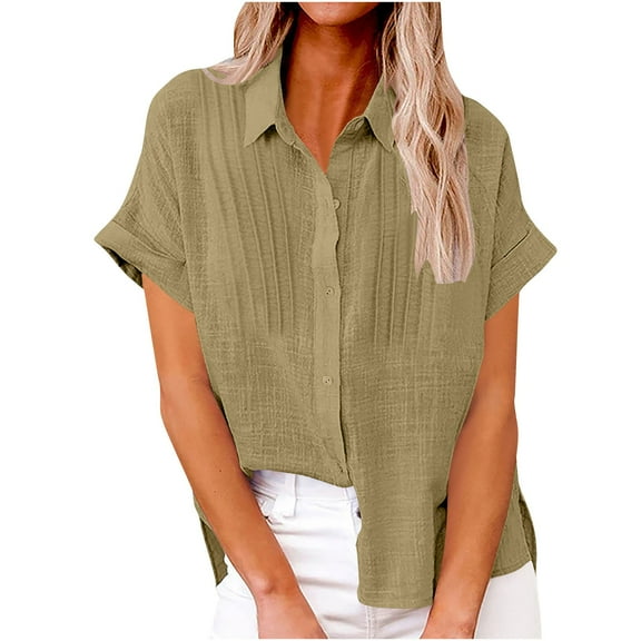 Puntoco Short Sleeve Women Tops Clearance 2025,Womens Short Sleeve Shirts V Neck Collared Button Down Shirt Tops with Pockets Khaki XL(XL)