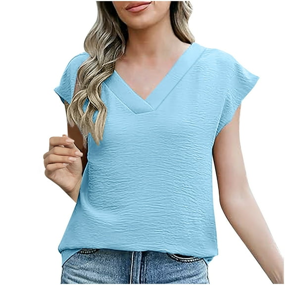 Puntoco Short Sleeve Women Tops 2025,Womens Summer Tops 2024 Cap Sleeve Trendy Tank Tops V Neck Loose Fit Shirts Blue S(S)