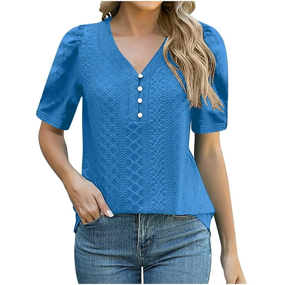 Puntoco Short Sleeve Women Tops ,Womens T Shirts V Neck Buttons Down Tops Casual Summer Tees Short Sleeve Loose Fit Tops Blouses Blue S(S)