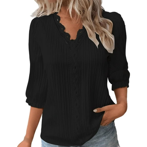 Puntoco Short Tops Blouses for women Clearance Women's Casual Short Sleeve Solid Ladies Round Neck Top Blouse Black XL(XL)