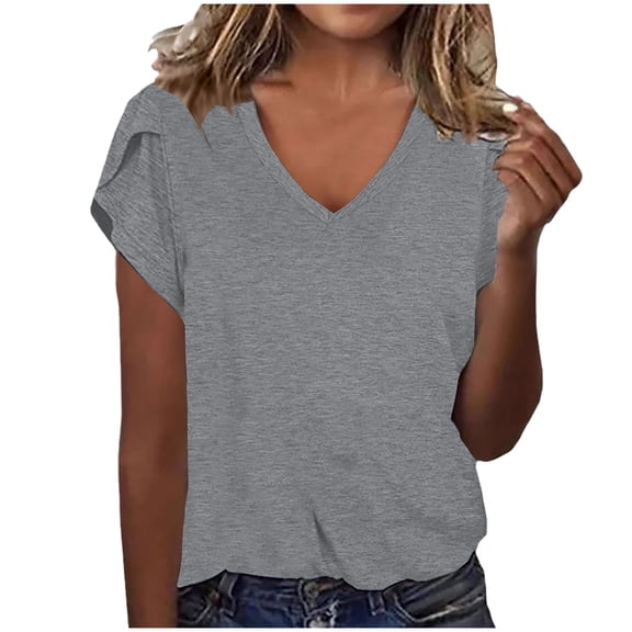 Puntoco Short Tops Blouses for women Women's Casual Short Sleeve Solid Ladies Round Neck Top Blouse Gray M(M)