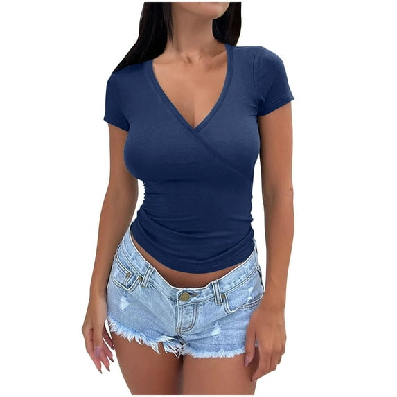 Puntoco Short Tops Blouses for women Clearance Women's Casual Short Sleeve Solid Ladies Round Neck Top Blouse Navy M(M)