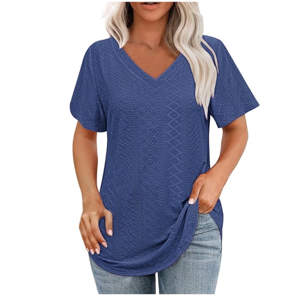 Puntoco Short Tops Blouses for women Women's Casual Short Sleeve Solid Ladies Round Neck Top Blouse Navy M(M)
