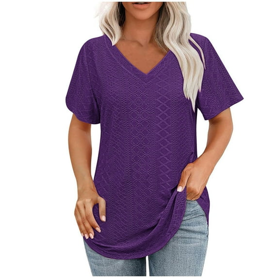 Puntoco Short Tops Blouses for women Clearance Women's Casual Short Sleeve Solid Ladies Round Neck Top Blouse Purple XL(XL)