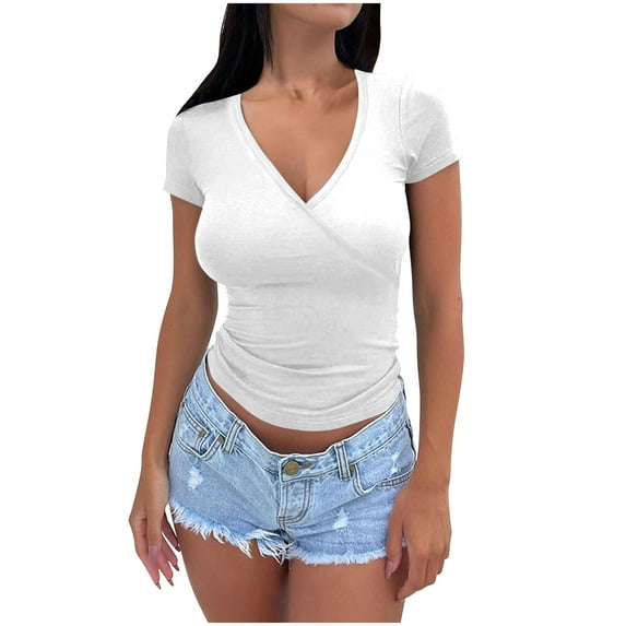 Puntoco Short Tops Blouses for women Clearance Women's Casual Short Sleeve Solid Ladies Round Neck Top Blouse White XL(XL)