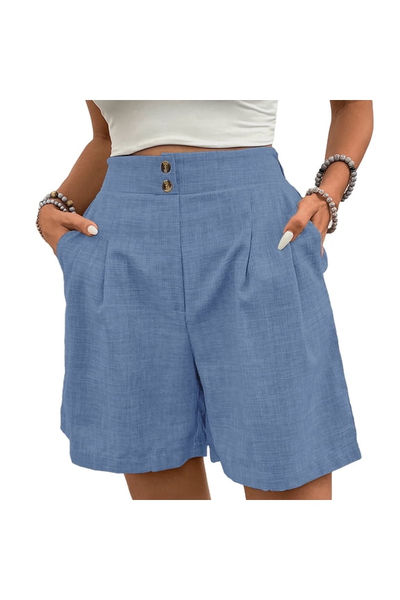 Shorts for Women Trendy Summer Elastic High Waisted Wide Leg Casual Short Loose Cuffed Hem Work Trouser Shorts Light Blue-A L(L)