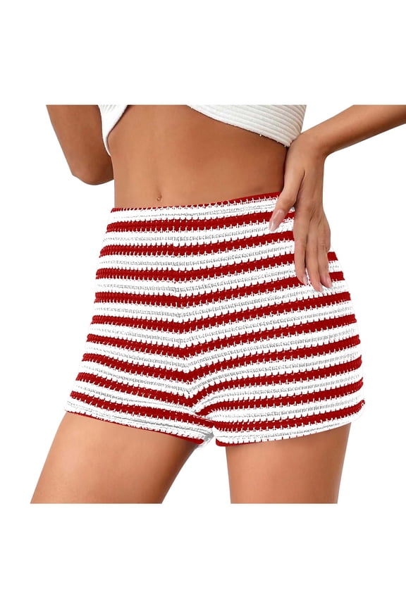 Striped Shorts for Women High Waist Stretch Micro Shorts Slim Fit Bottoms Lounge Shorts pants Red L(L)