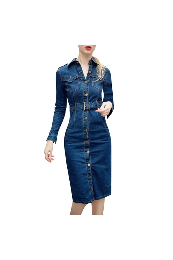 Summer Dresses for Women 2024 Plus Size Denim Dress formal Jean Shirt Dresses Long Sleeve Cheapest Items on Sale Blue M(M)