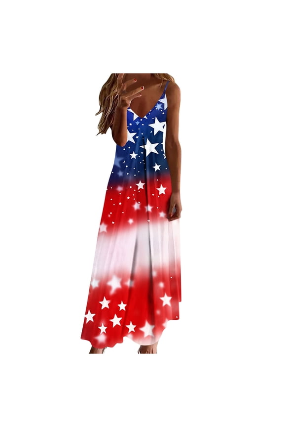Summer Dresses for Women Short Sleeve Elegant Classy 4Th of July V Neck Sleeveless Patriotic American Flag Maxi Dress Multicolor S(S)