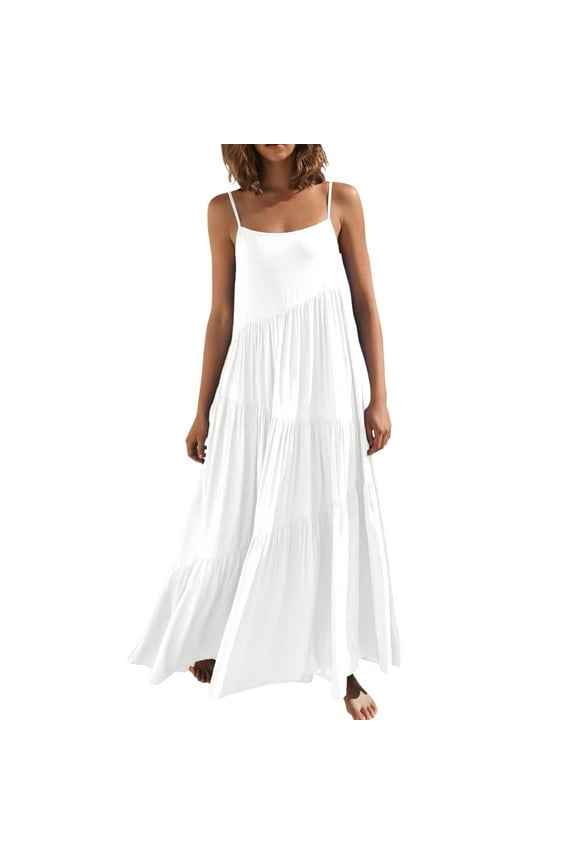 Summer Dresses for Womens Summer Loose Dress Strap Beach Long Maxi Summer Dresses for Women White 4(S)