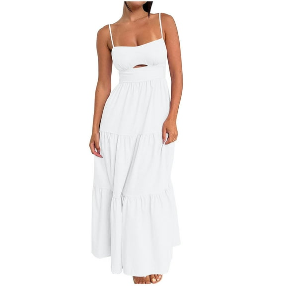 Puntoco Summer dresses for women 2025 Maxi Dresses for Women Sexy Casual Spaghetti Strap Long Summer Sundress White 10(XL)