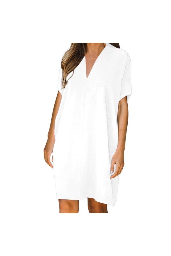 Summer dresses for women 2025 Shift Dress for Women V Neck Short Sleeves Solid Color Casual Flowy Summer Dresses White S(S)