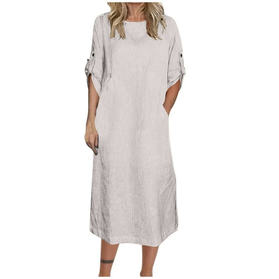 Puntoco Summer dresses for women 2025 Summer Dress for Women Crew Neck Short Sleeve Solid Basic T-Shirts Casual Midi Dresses with Pocket White 10(XL)