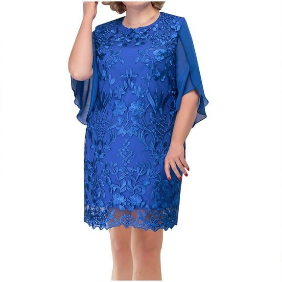 Puntoco Summer dresses for women 2025 Women's Large-size Round Neck Embroidered Casual Short-sleeved Dress with Hip Wrap Blue L