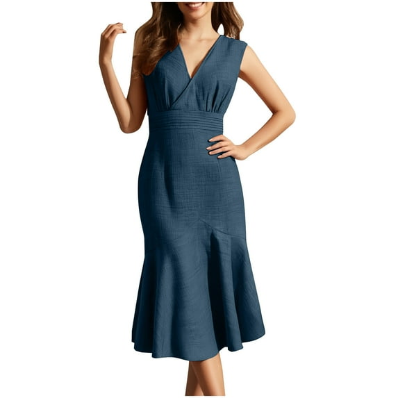 Puntoco Summer dresses for women 2025 Women's Spring/summer V-neck Sleeveless Fashion Slim Fishtail Dress Blue XXL(XXL)