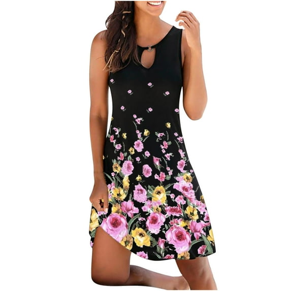 Puntoco Summer dresses for women Clearance,Women's O-Neck Sleeveless Flower Printed Round Button Dresses