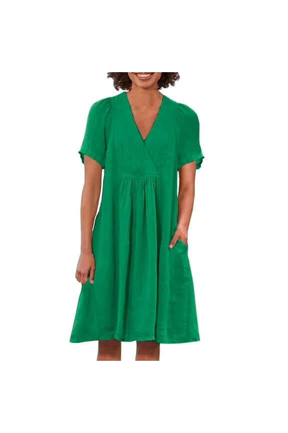 Summer dresses for women 2025 Summer Maxi Dresses for Women Plus Size Cotton Linen V Neck Tiered Dress Loose Casual Maternity Beach Long Flowy Dresses Green M(M)
