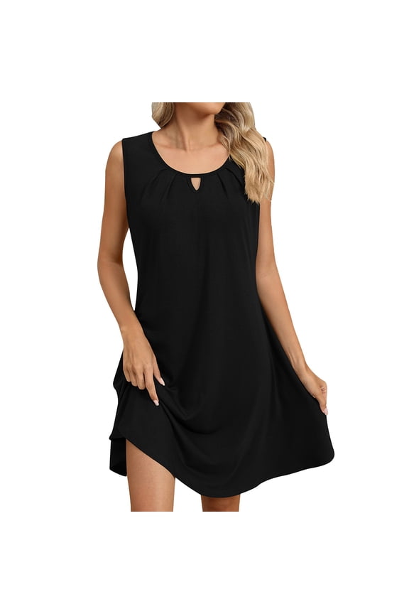 Summer dresses for women 2025 Vintage Floral Dress for Women Round Neck Keyhole Ruffle Short Sleeves Fit and Flare Casual Party Dress with Pockets Black M(M)