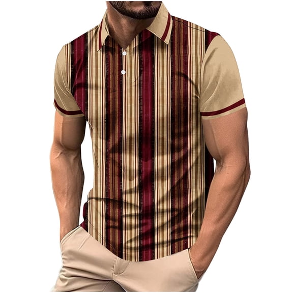 Puntoco Summer tops Men's Polo Shirt Short/Long Sleeve Casual Slim-fit Basic Designed Stripe Cotton Shirts Brown L(L)