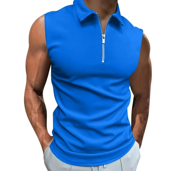 Puntoco Summer tops for Men Men's 1/4 Zip Up Sleeveless Polo Shirts Summer Slim Plain Solid Color Vest Casual Regular Fit Workout Tank Tops Blue M(M)