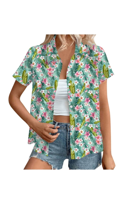 Summer tops for women Clearance,Hawaiian Shirts Women Hawaii Tshirt Cool Floral Tropic Print Graphic Tees Tops Button Up Summer Vacation Shirt Multicolor XL(XL)