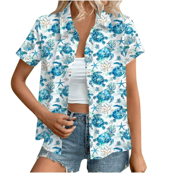 Puntoco Summer tops for women Clearance,Hawaiian Shirts Women Hawaii Tshirt Cool Floral Tropic Print Graphic Tees Tops Button Up Summer Vacation Shirt Multicolor L(L)