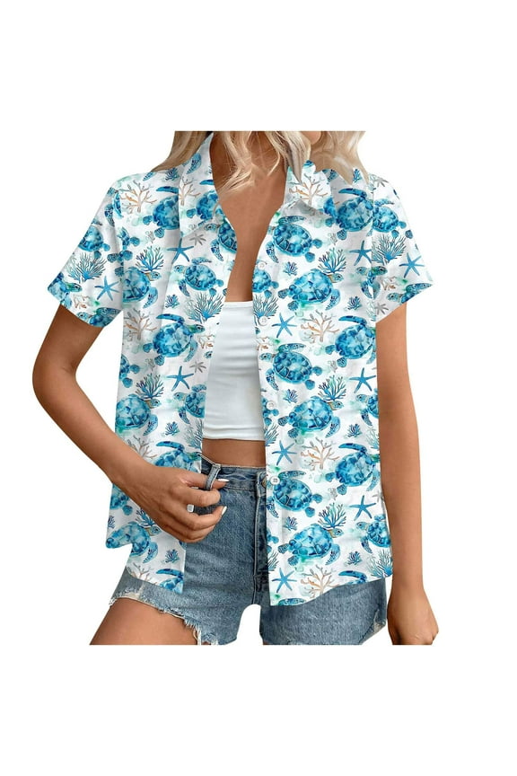 Summer tops for women Clearance,Hawaiian Shirts Women Hawaii Tshirt Cool Floral Tropic Print Graphic Tees Tops Button Up Summer Vacation Shirt Multicolor M(M)