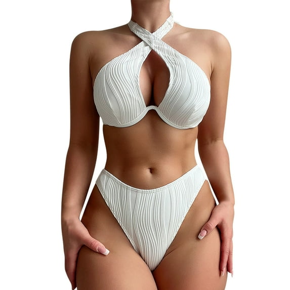 Puntoco Swimsuit for women 2025 Clearance Women's Solid Color Backless Three Piece Bikini Set White M(M)