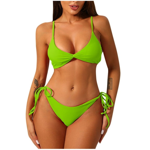 Puntoco Swimsuit for women 2025 Bikini Sets for Women Halter Two Piece Swimsuit Ribbed High Cut Tie Side Thong Bathing Suit Padded Swimwear Hot Pink 12-14(L)